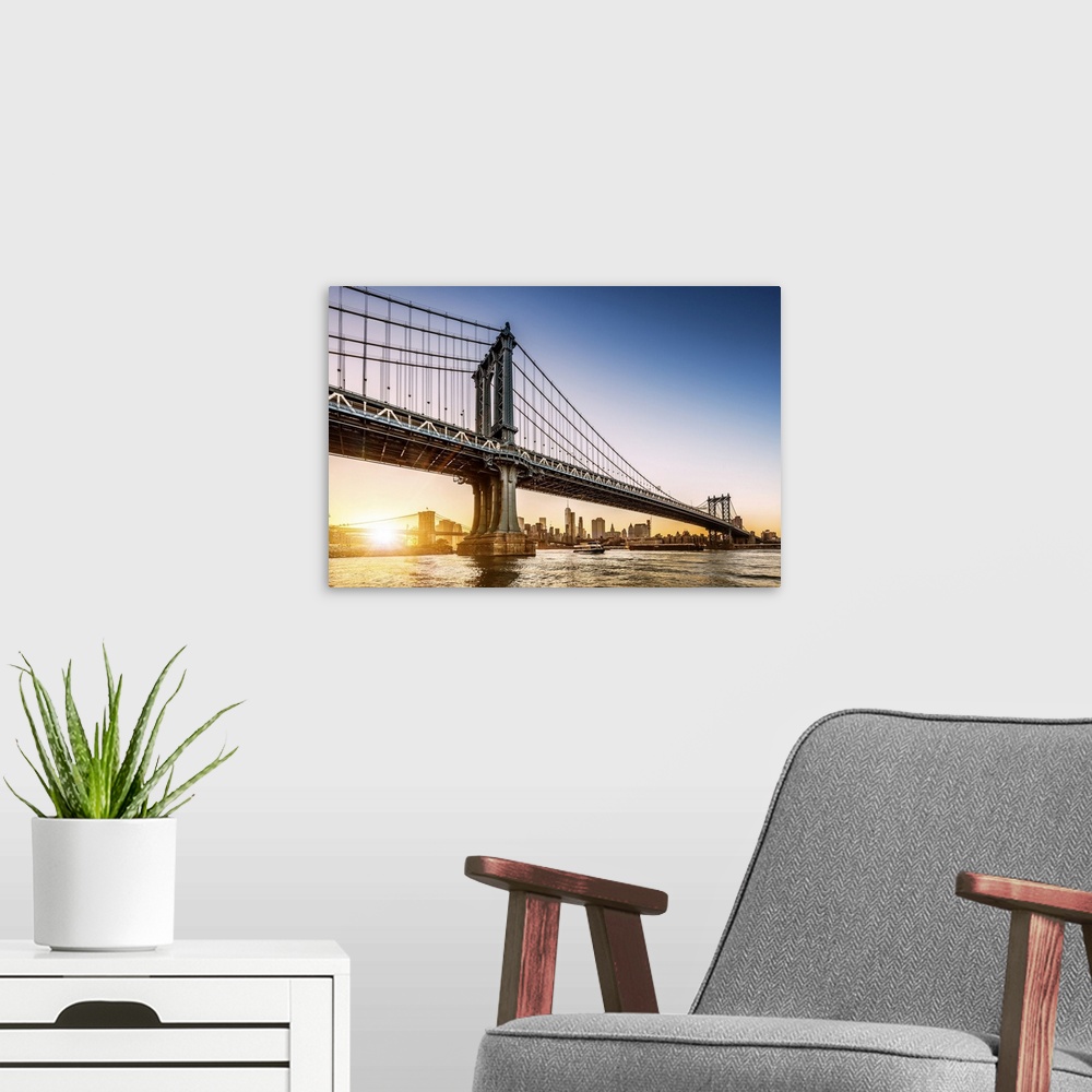 A modern room featuring USA, New York City, East River, Brooklyn, Dumbo, Manhattan Bridge, Brooklyn Bridge and Freedom To...