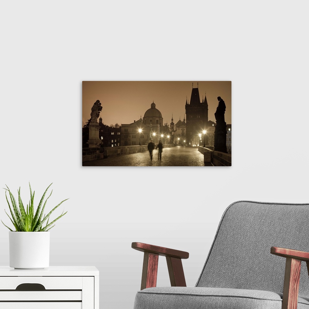 A modern room featuring Czech Republic, Central Bohemia Region, Prague, Charles Bridge, Street lights at dawn