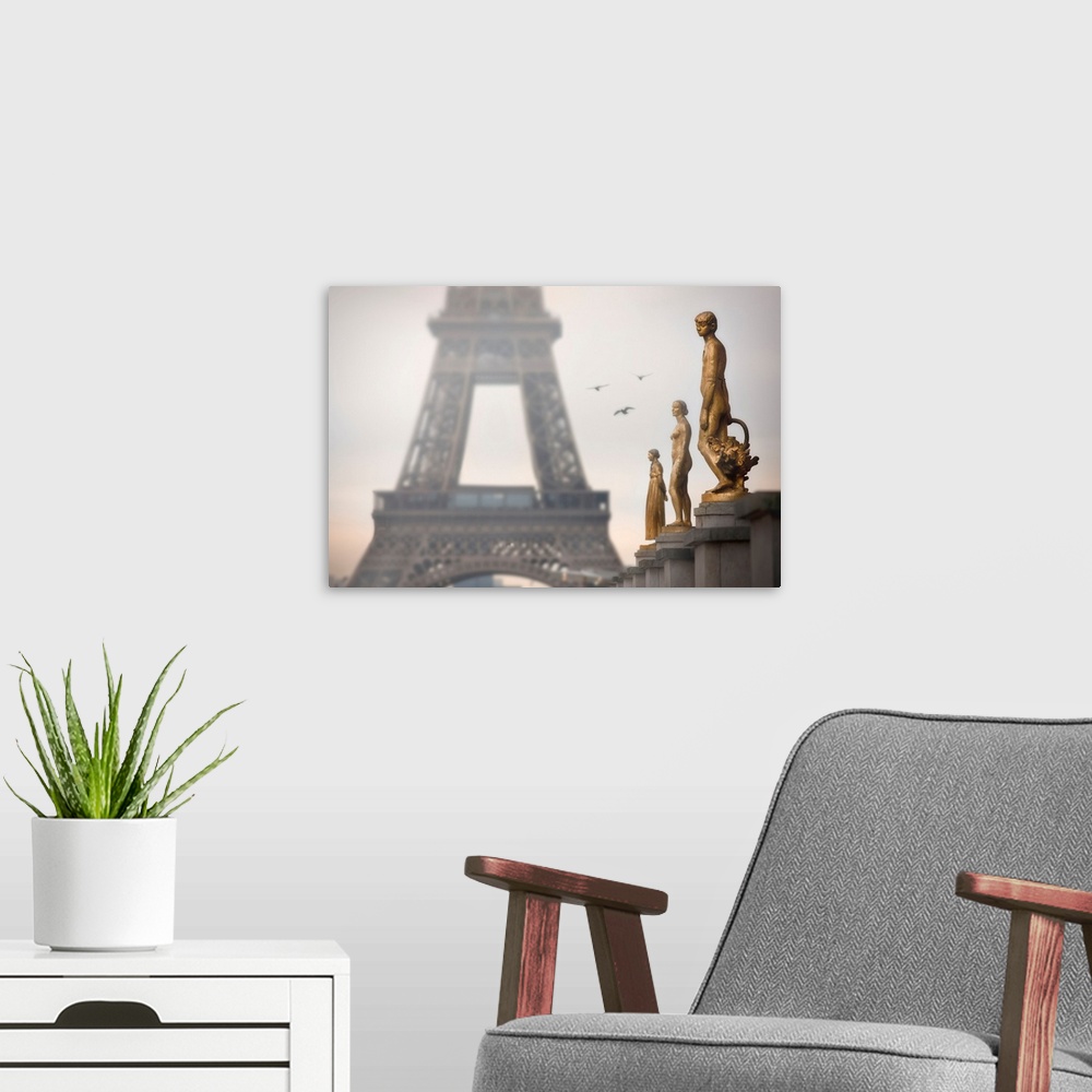 A modern room featuring France, Paris, Eiffel Tower and statues of Palais de Chaillot.