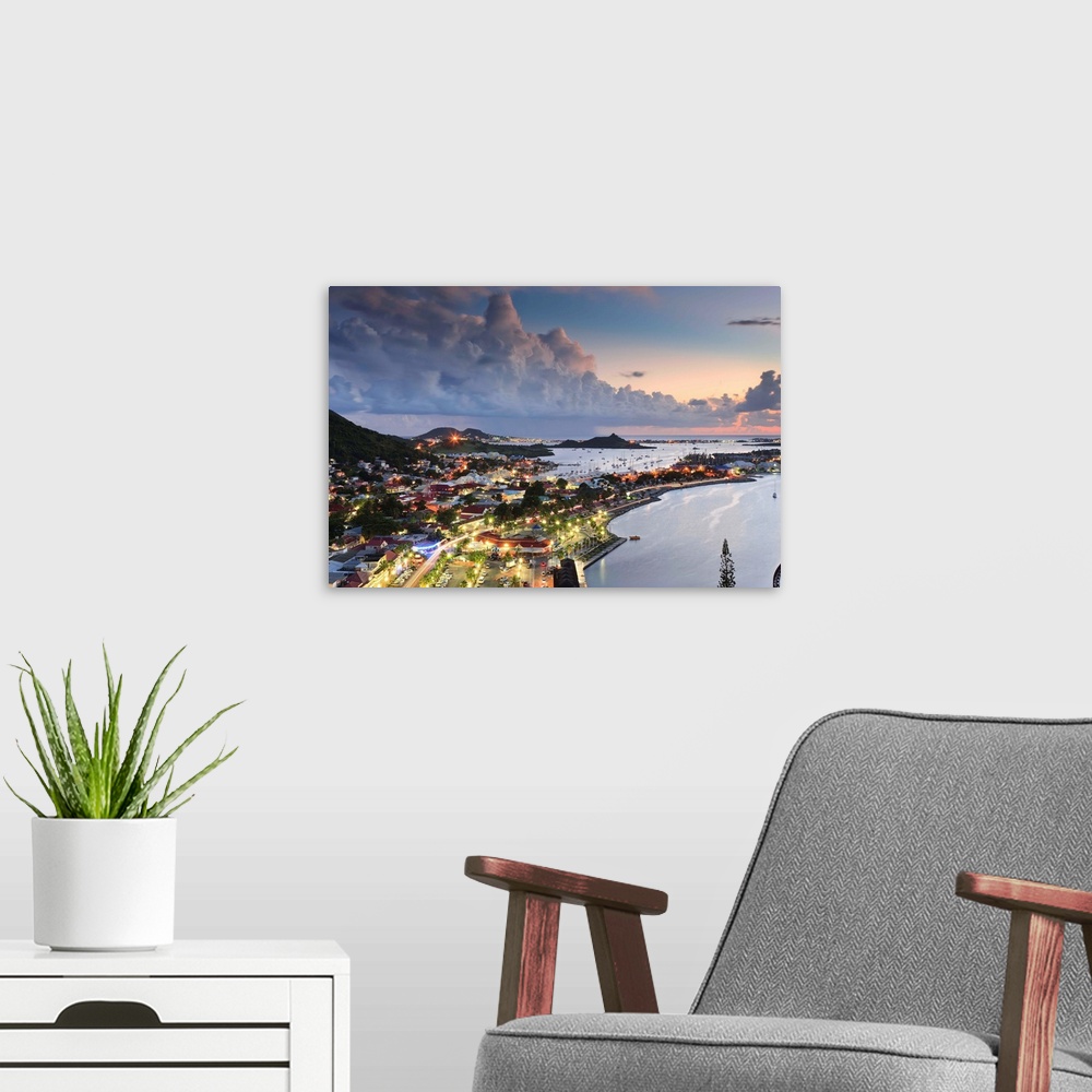 A modern room featuring French Antilles, French West Indies, French St Martin, Leeward Islands, View at dusk
