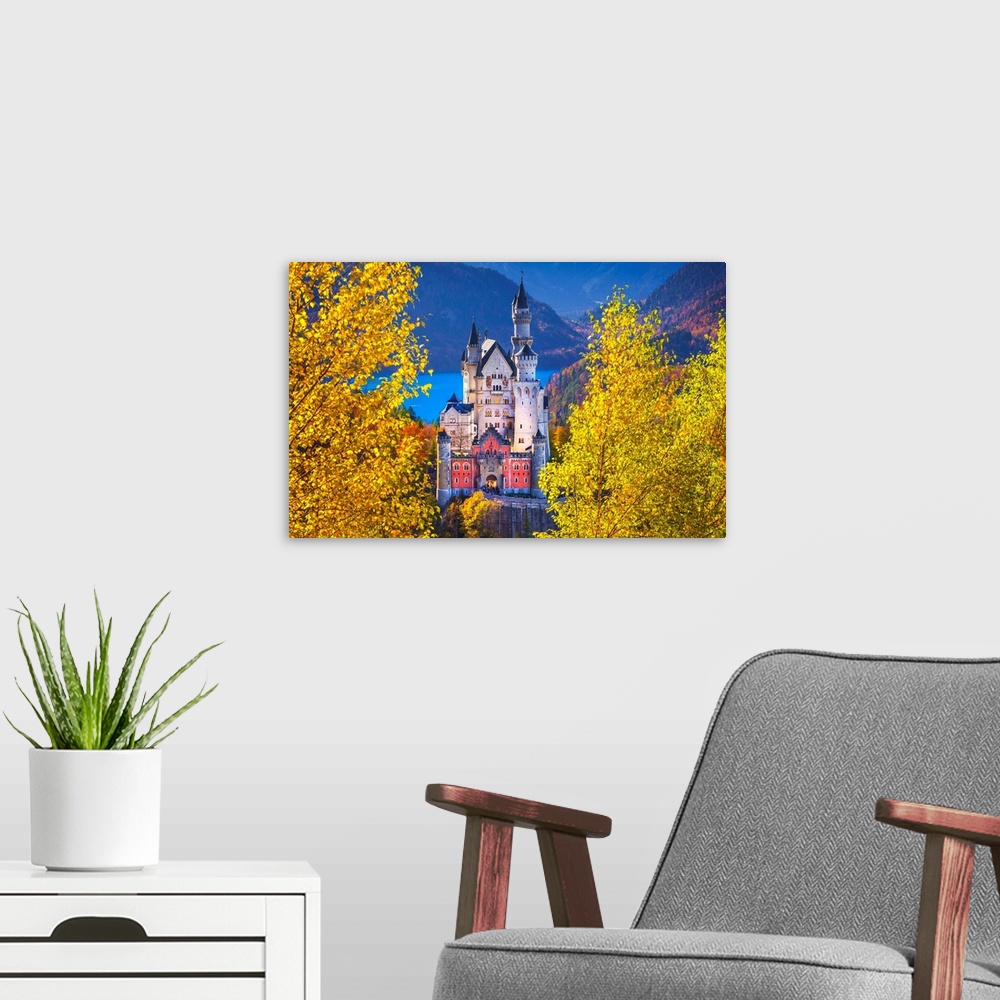A modern room featuring Germany, Bavaria, Swabia, Neuschwanstein Castle with Lake Alpsee and Tannheim Mountains in backgr...
