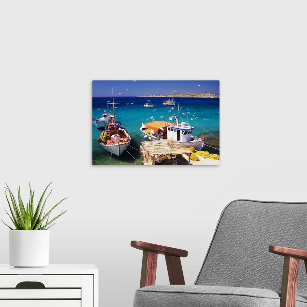 A modern room featuring Greece, Aegean islands, Cyclades, Koufonissi island, Boats and fishermens