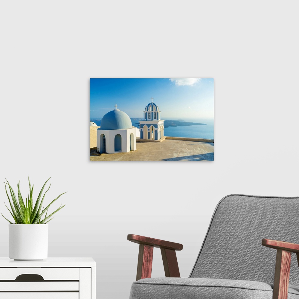 A modern room featuring Greece, Aegean islands, Cyclades, Santorini island, Thera, Mediterranean sea, Aegean sea, Greek I...
