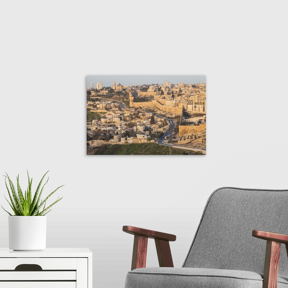 A modern room featuring Israel, Jerusalem, Old city wall at sunrise, seen from Olive Mount.