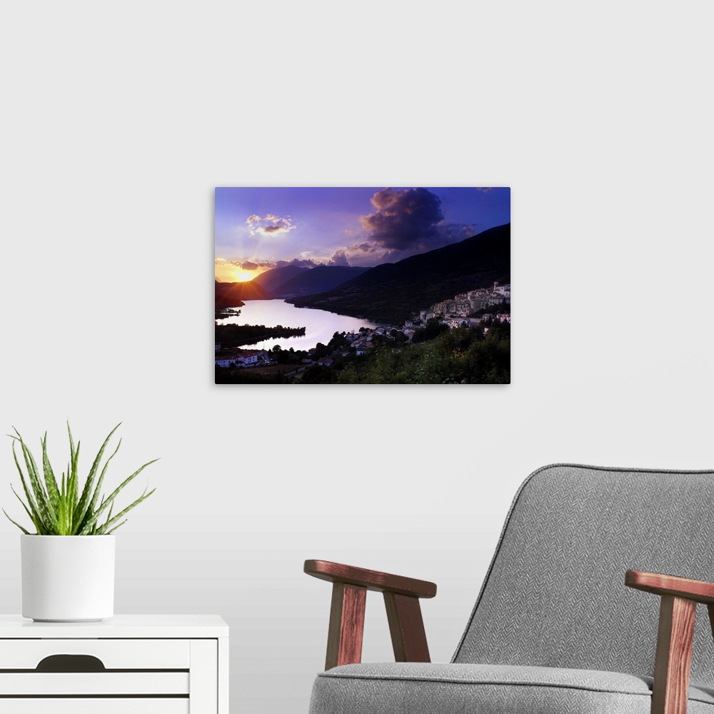 A modern room featuring Italy, Abruzzo, Abruzzo National Park, Barrea, Town and lake