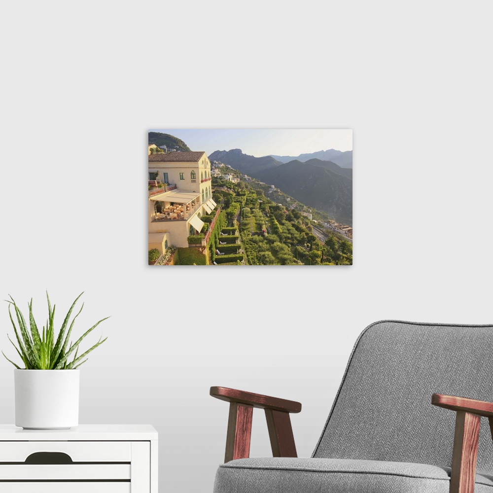 A modern room featuring Italy, Campania, Amalfi Coast, Ravello, Palazzo Avino Hotel at sunrise