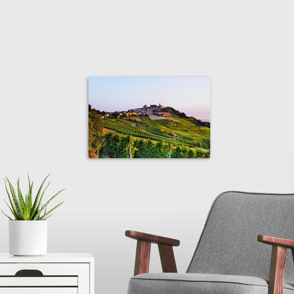 A modern room featuring Italy, Piedmont, Cuneo district, Langhe, La Morra, Village and vineyards