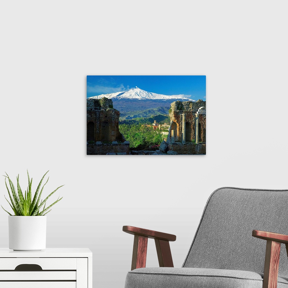 A modern room featuring Italy, Sicily, Ionian Coast, Taormina, Greek theatre and Mount Etna in background