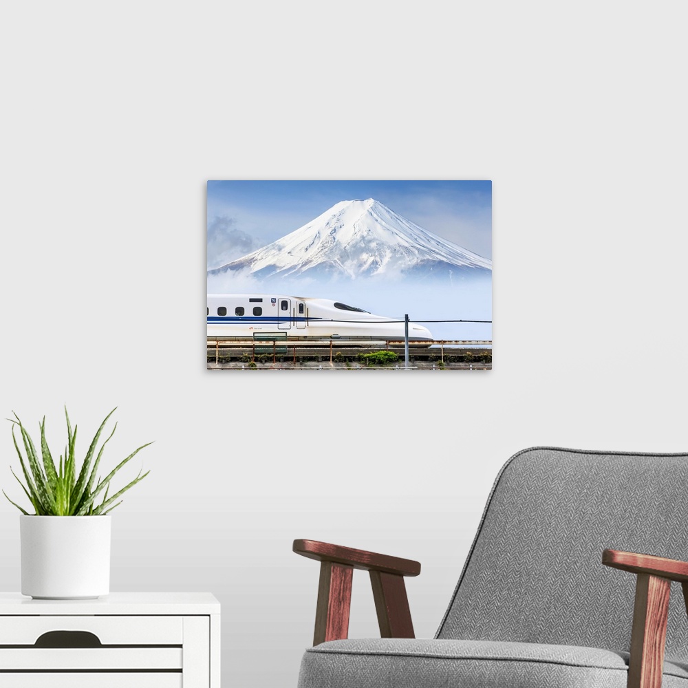 A modern room featuring Japan, Chubu, Shinkansen, bullet train, and Mount Fuji in the background.