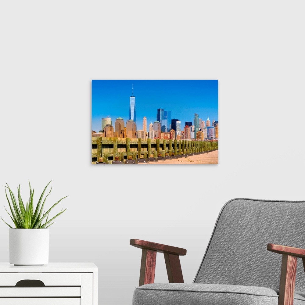 A modern room featuring Lower Manhattan seen from Liberty Park in Jersey City, New Jersey.