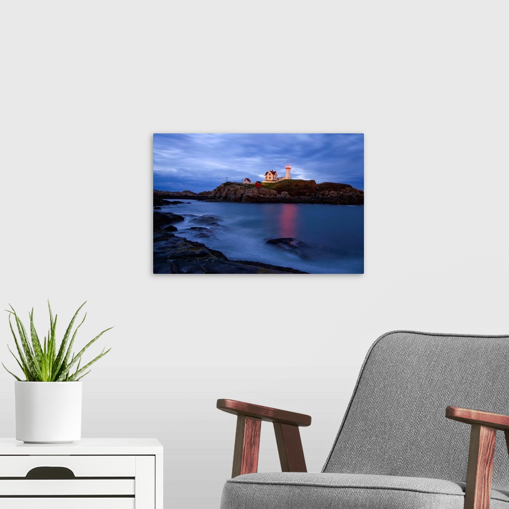 A modern room featuring USA, Maine, Cape Neddick, York Beach, the lighthouse at dusk.