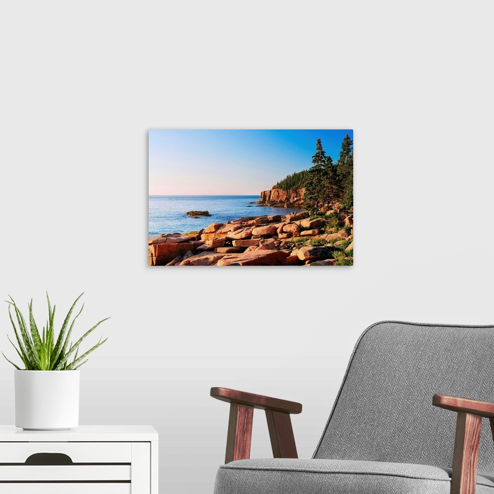 A modern room featuring USA, Maine, Mount Desert Island, Otter Cliffs at dawn.