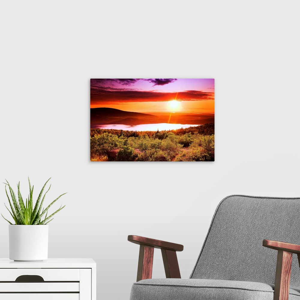 A modern room featuring USA, Maine, Mount Desert Island, Sunset at Cadillac Mountain.