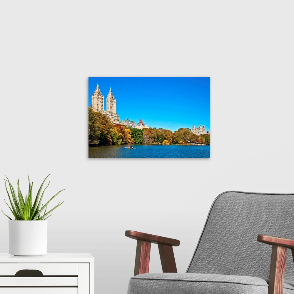 A modern room featuring New York, NYC, Central Park, Central Park West seen across Jackie Kennedy Reservoir