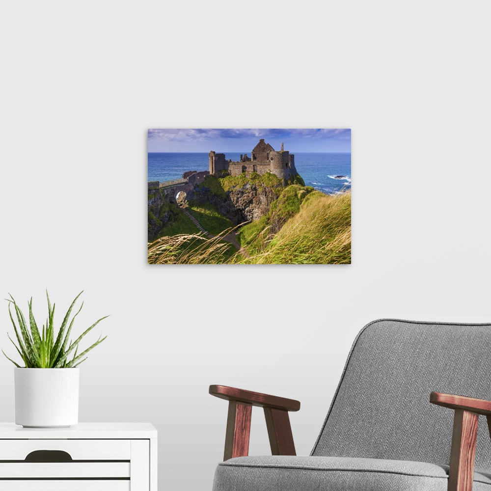A modern room featuring UK, Northern Ireland, Great Britain, Antrim, Dunluce Castle ruins on a cliff top near Bushmills v...