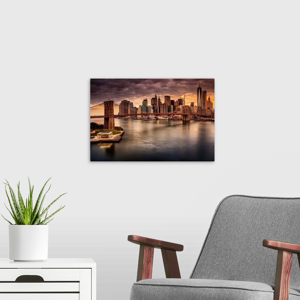 A modern room featuring USA, New York City, East River, Manhattan, Brooklyn Bridge, Brooklyn Bridge and Manhattan skyline...