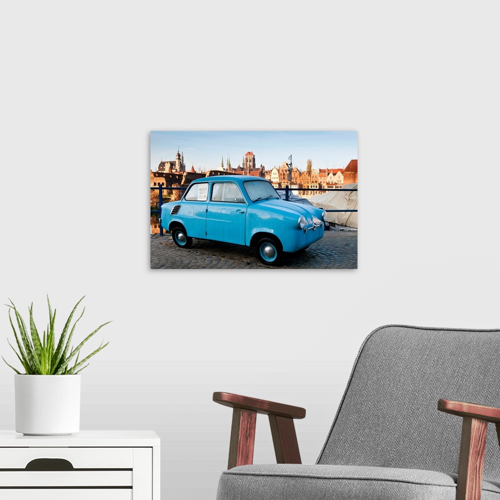 A modern room featuring Poland, Pomerania, Central Europe, Gdansk, Old car on the Motlawa riverside