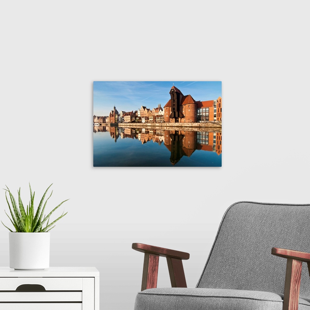 A modern room featuring Poland, Pomerania, Gdansk, Medieval port crane, called Zuraw, on river Motlawa