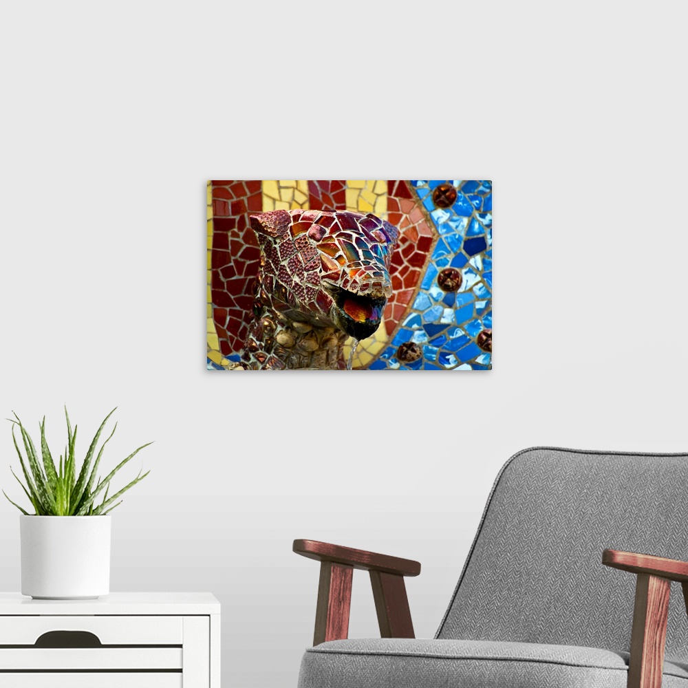 A modern room featuring Spain, Barcelona, Park Guell, Mosaic Dog decorating entrance.