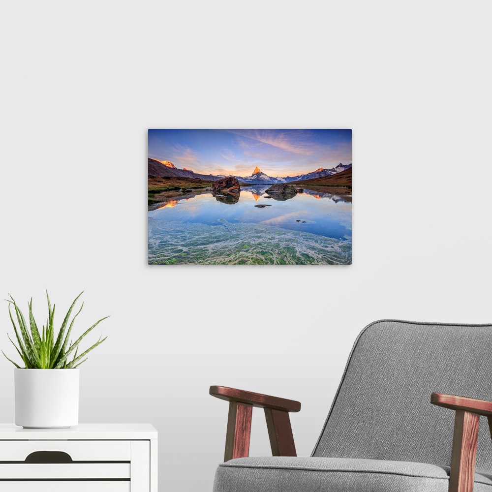 A modern room featuring Switzerland, Valais, Zermatt, Alps, Matterhorn (4478m), The Matterhorn reflected in Lake Stellise...