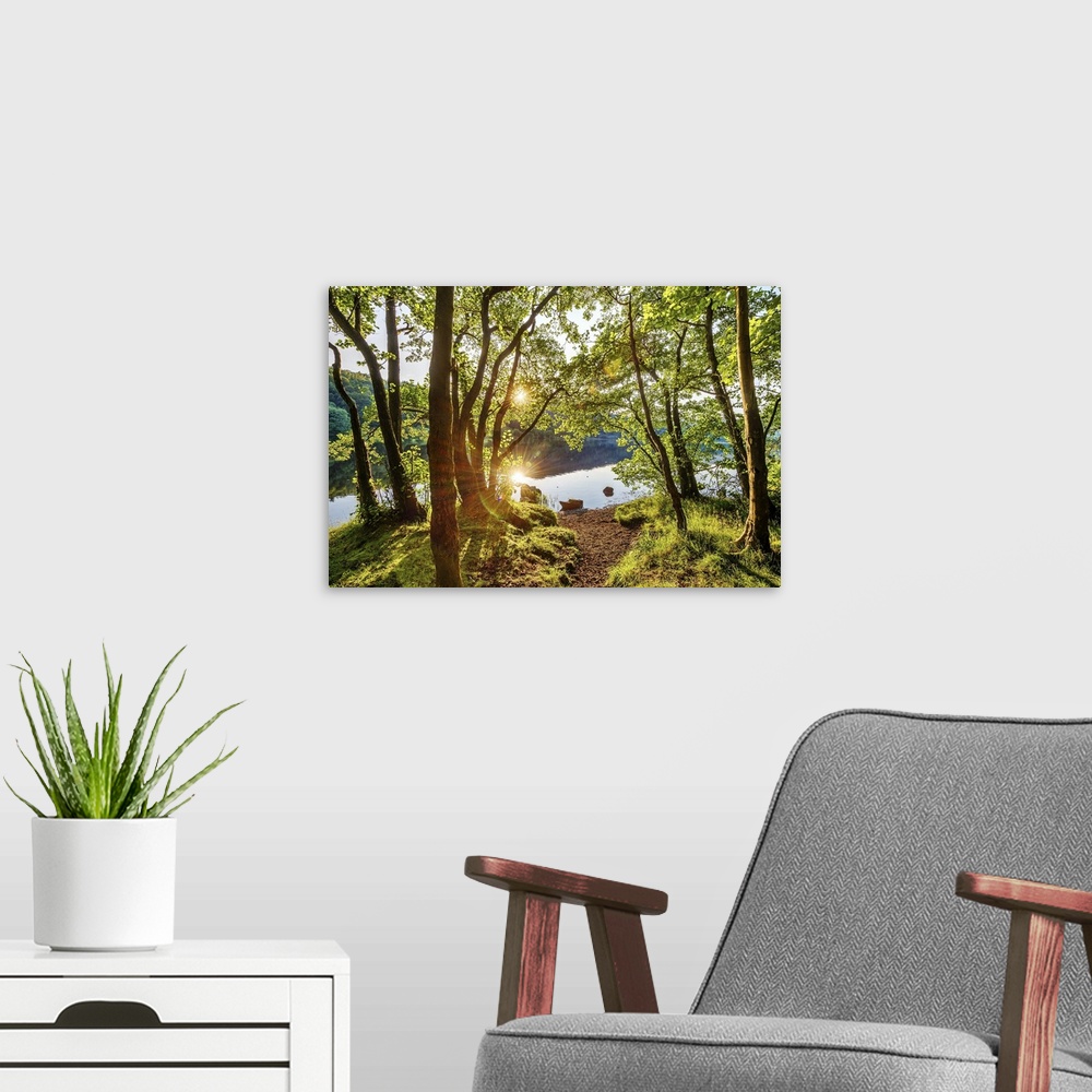 A modern room featuring United Kingdom, UK, England, Great Britain, Lake District, Cumbria, Rydal Water, The lake at sunset