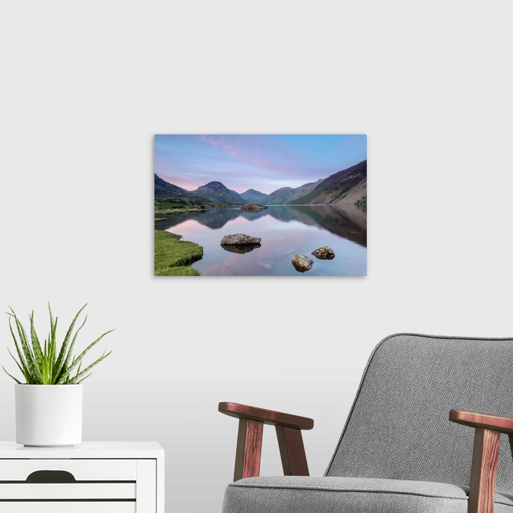 A modern room featuring UK, England, Great Britain, Lake District, Cumbria, Wast Water, The lake at sunset