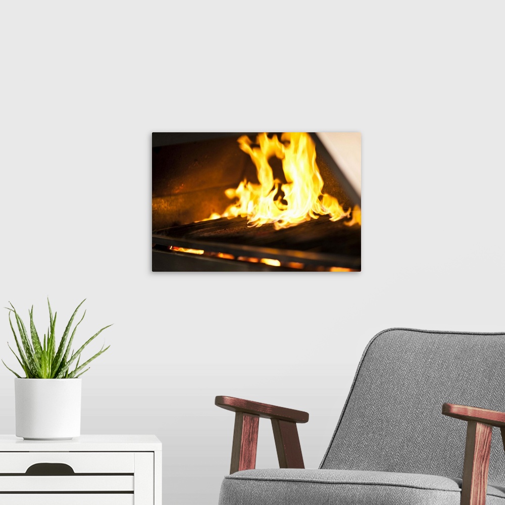 A modern room featuring UK, England, Great Britain, London, Flames on a grill