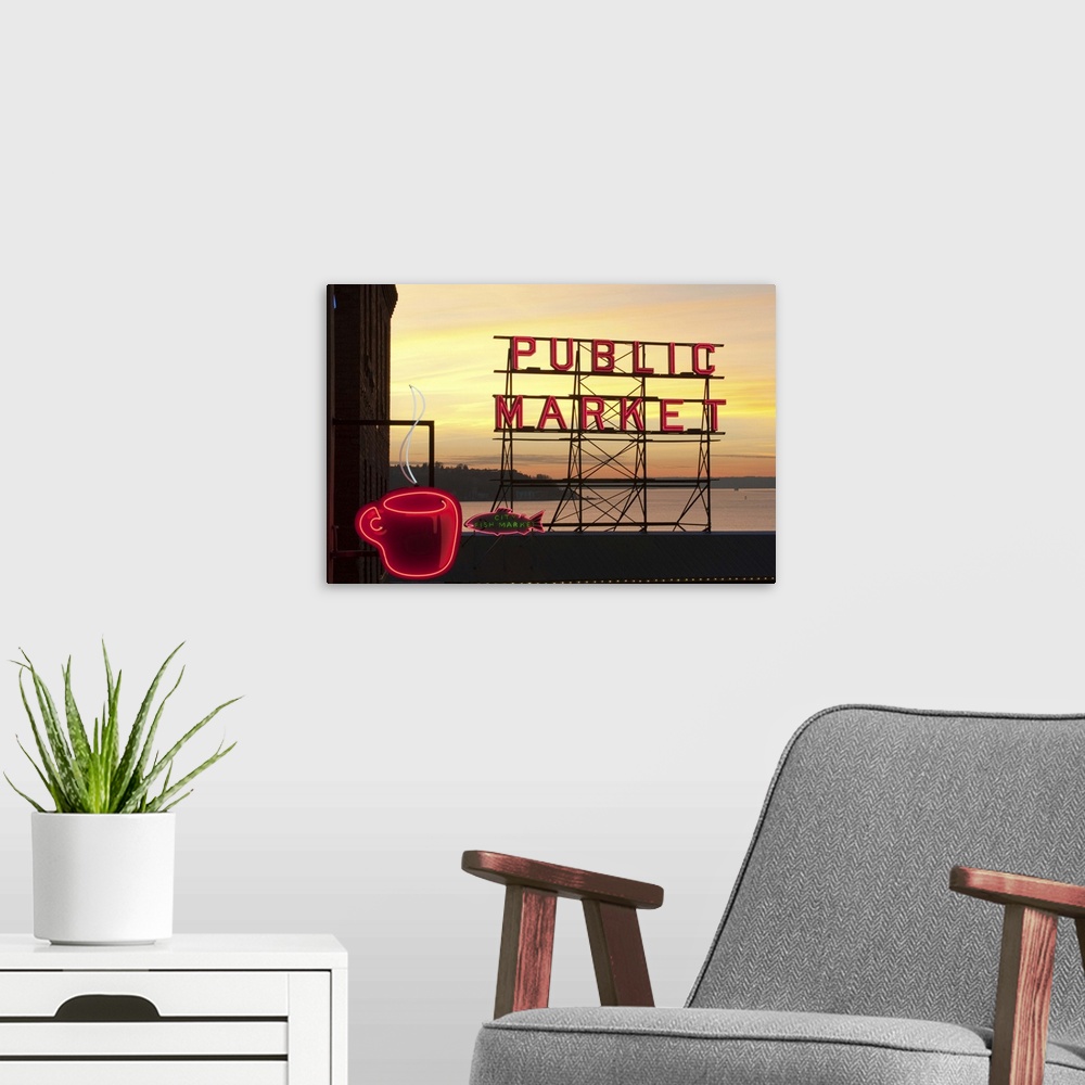 A modern room featuring Washington, Seattle, The Public Market sign at Pike Place Market in the evening light