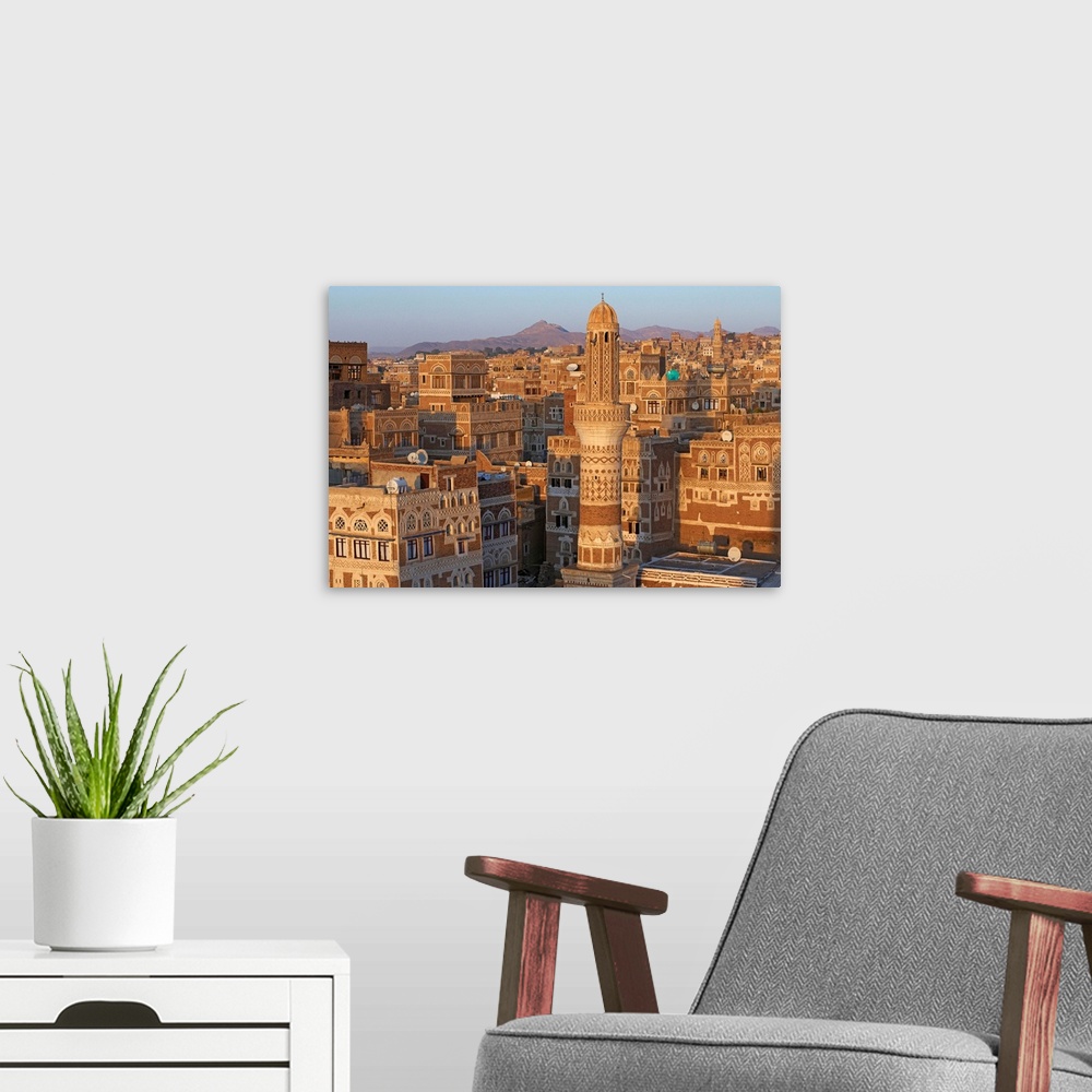A modern room featuring Yemen, North Yemen, Sanaa, Old Town, elevated view