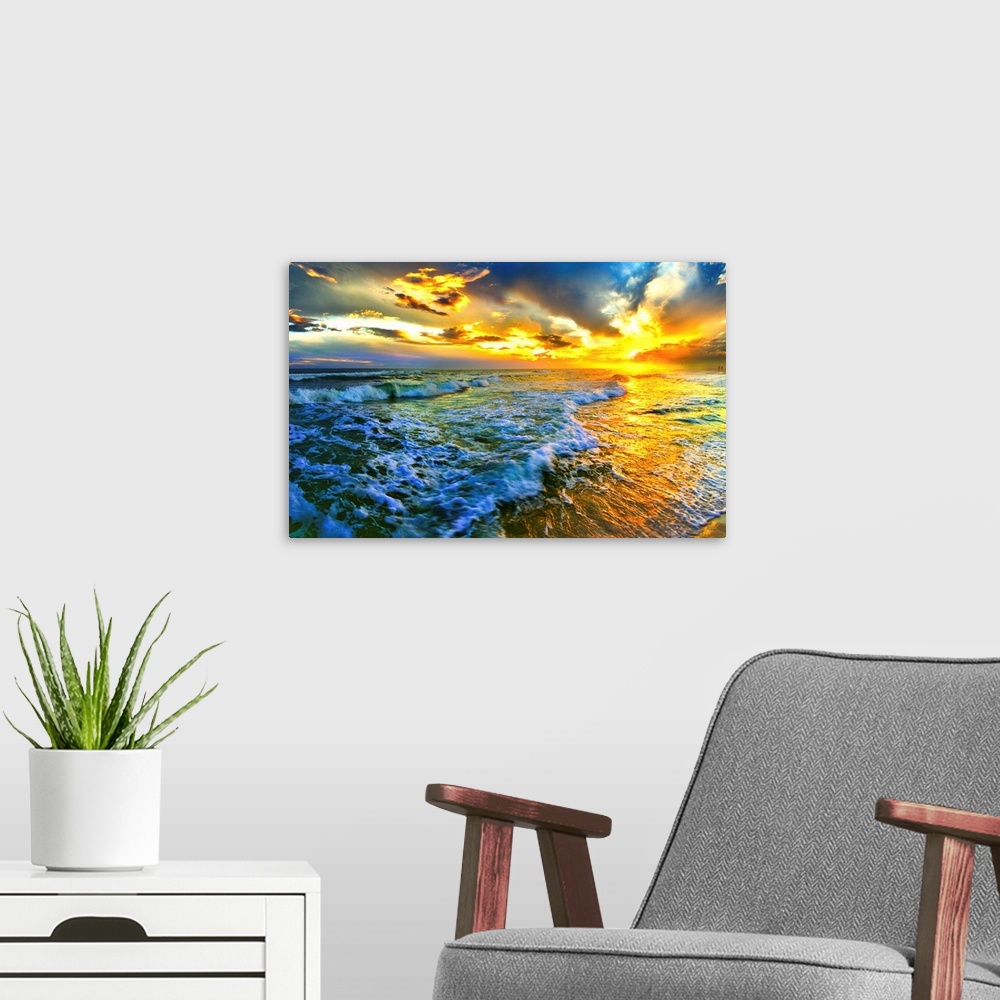 A modern room featuring Golden Sunset Seascape crashing waves on a Florida beach. Landscape taken on Navarre Beach, Florida.