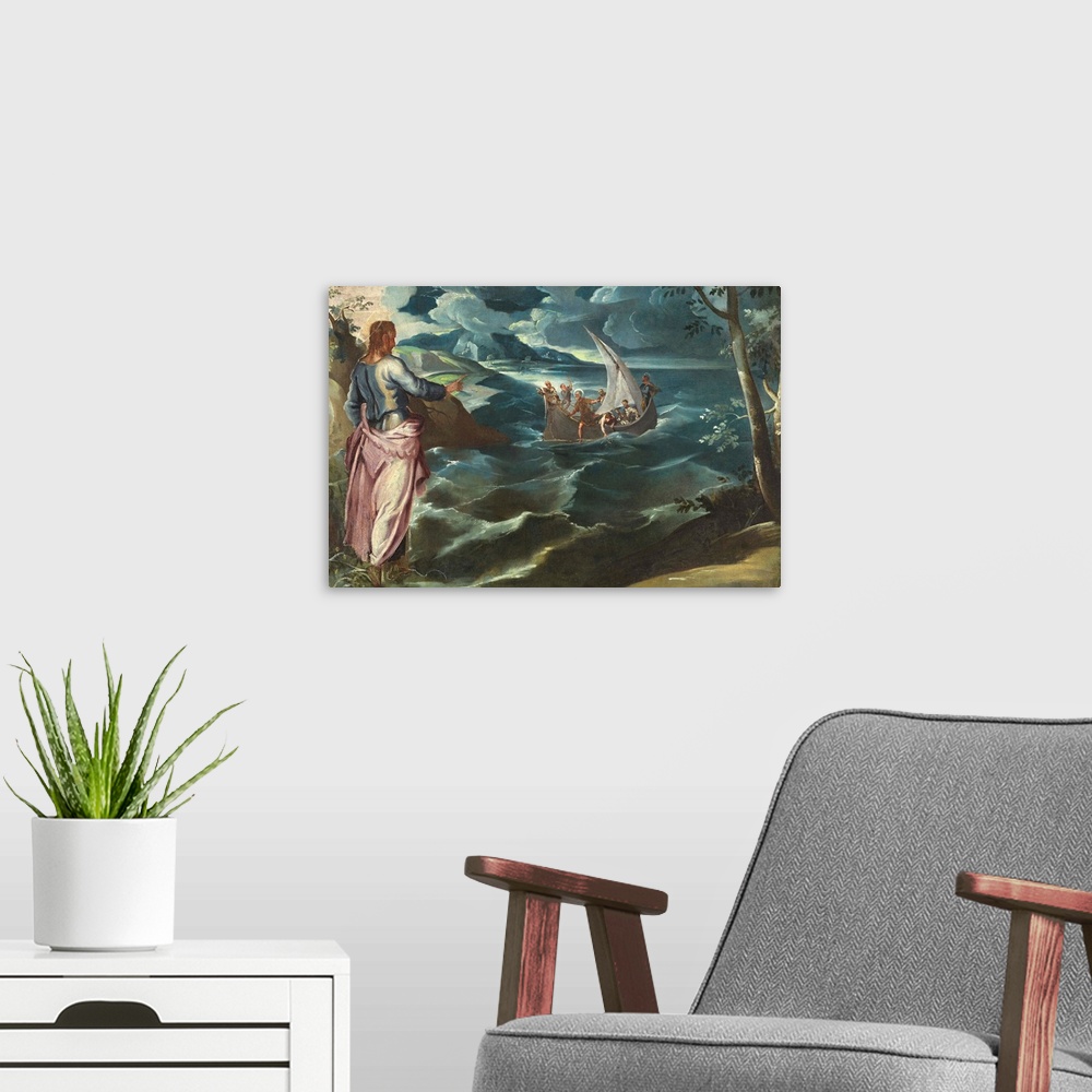 A modern room featuring Christ at the Sea of Galilee, by Tintoretto, c. 1575-80, Italian mannerist painting, oil on canva...