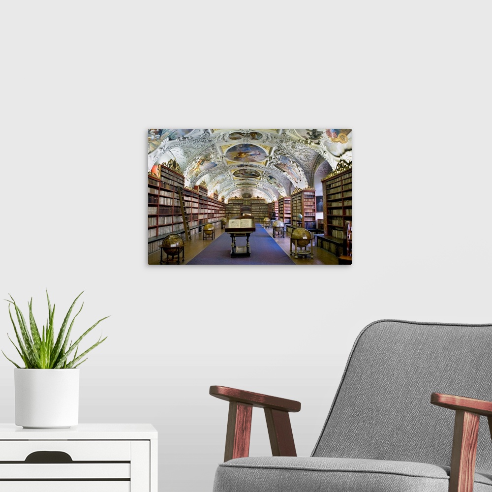 A modern room featuring CZECH Rep.. Prague. Strahov Monastery, founded in 1143. Theological Hall of the Library with pain...