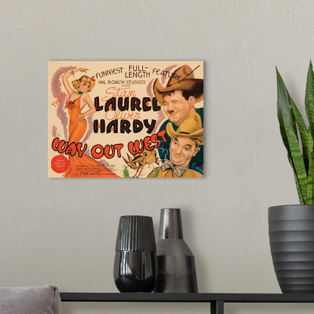 A modern room featuring WAY OUT WEST, US poster, Sharon Lynn (left), right from top: Oliver Hardy, Stan Laurel, 1937.