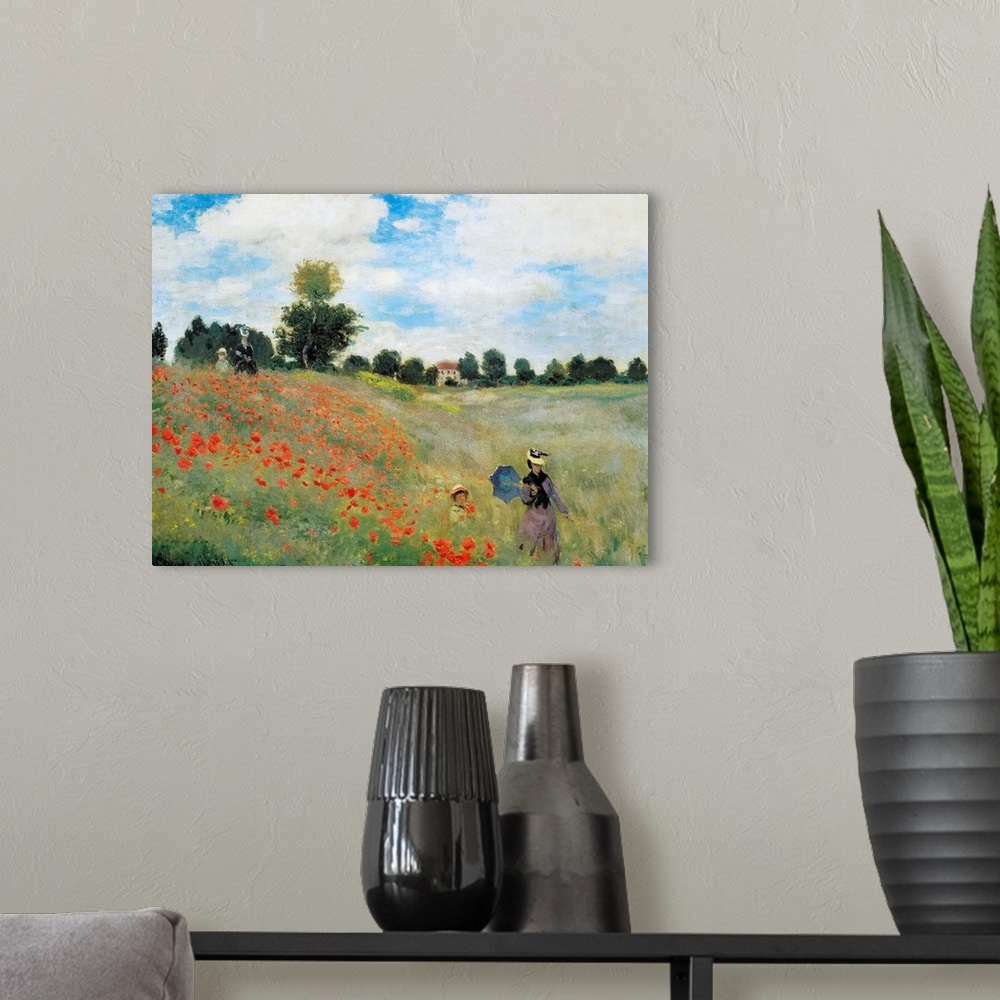 A modern room featuring Impressionist painting by Claude Monet of a woman and child in a field of flowers.