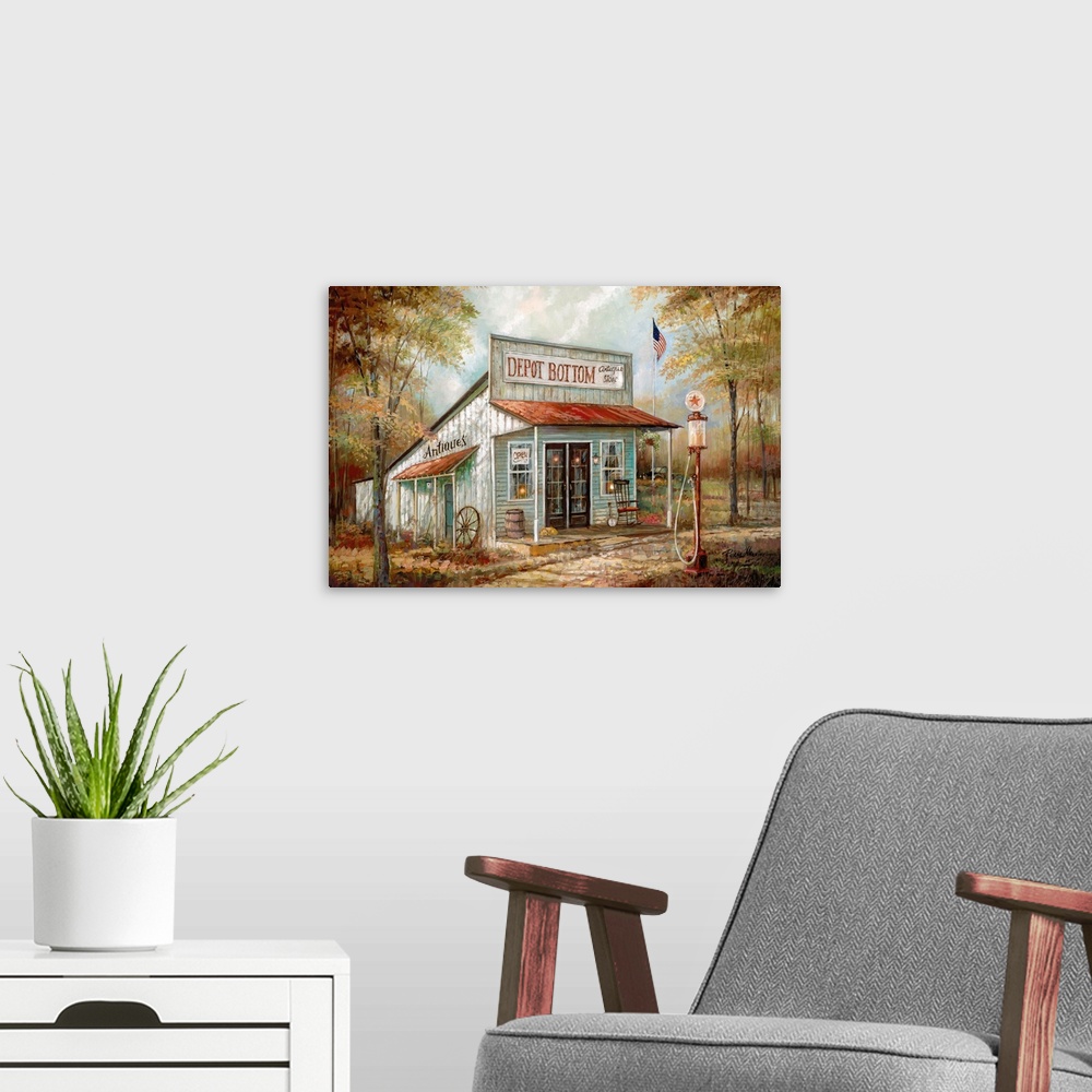 A modern room featuring Contemporary painting of a countryside antique store called "Depot Bottom" with Autumn trees surr...