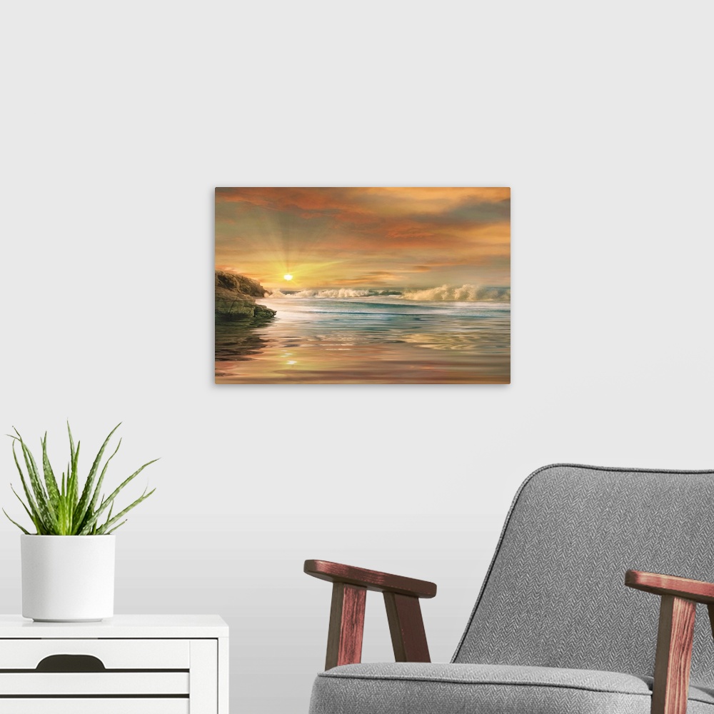 A modern room featuring Beautiful photograph of a warm sunset over crashing ocean waves and rocky cliffs.
