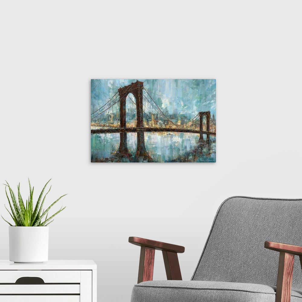 A modern room featuring Contemporary artwork of the Brooklyn bridge with the skyline painted through and behind it.