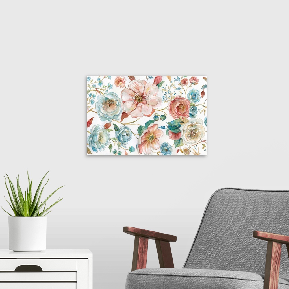 A modern room featuring Large watercolor painting of flowers in pink and blue tones on a white background.