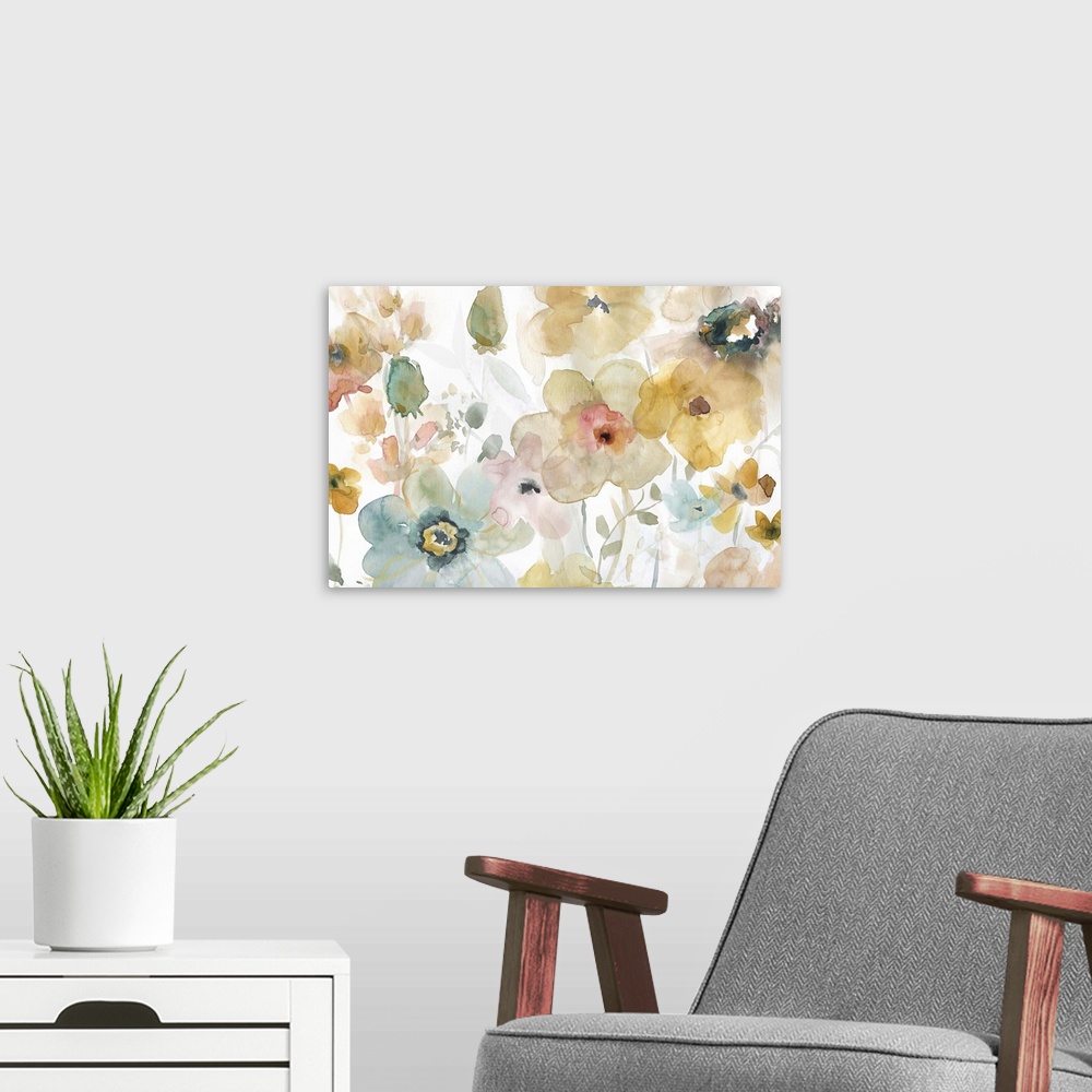 A modern room featuring Large watercolor painting of Spring florals on a white background.