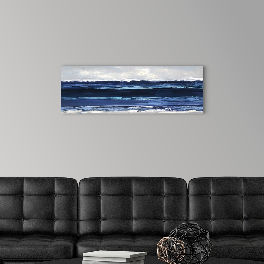 A modern room featuring Panoramic painting of horizontal brush strokes illustrating waves of the ocean coming to shore.