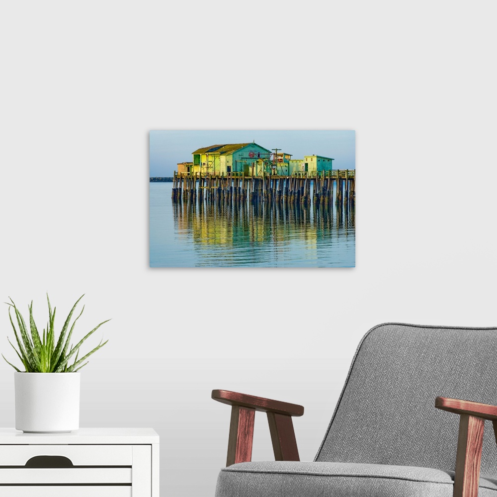 A modern room featuring Photograph of Half Moon Bay pier in the early morning.