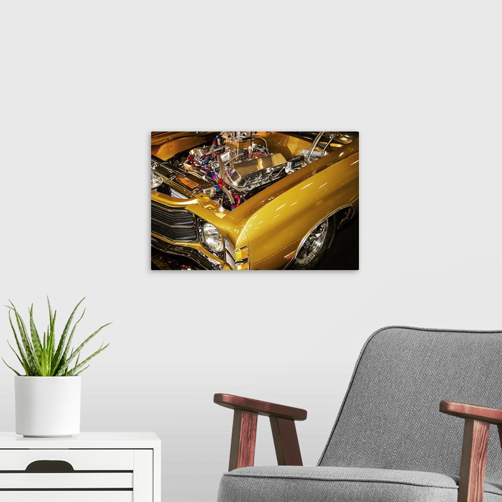 A modern room featuring Fine art photograph of a vintage car. The hood is popped and the engine is visible.