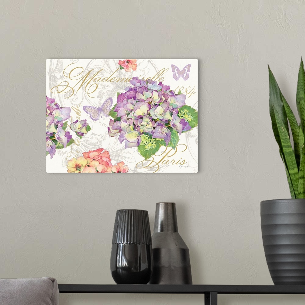 A modern room featuring French themed art with painted hydrangeas and butterflies on top of a white background with flora...