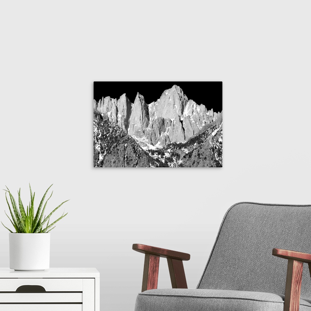 A modern room featuring Black and white photograph of Mount Whitney.