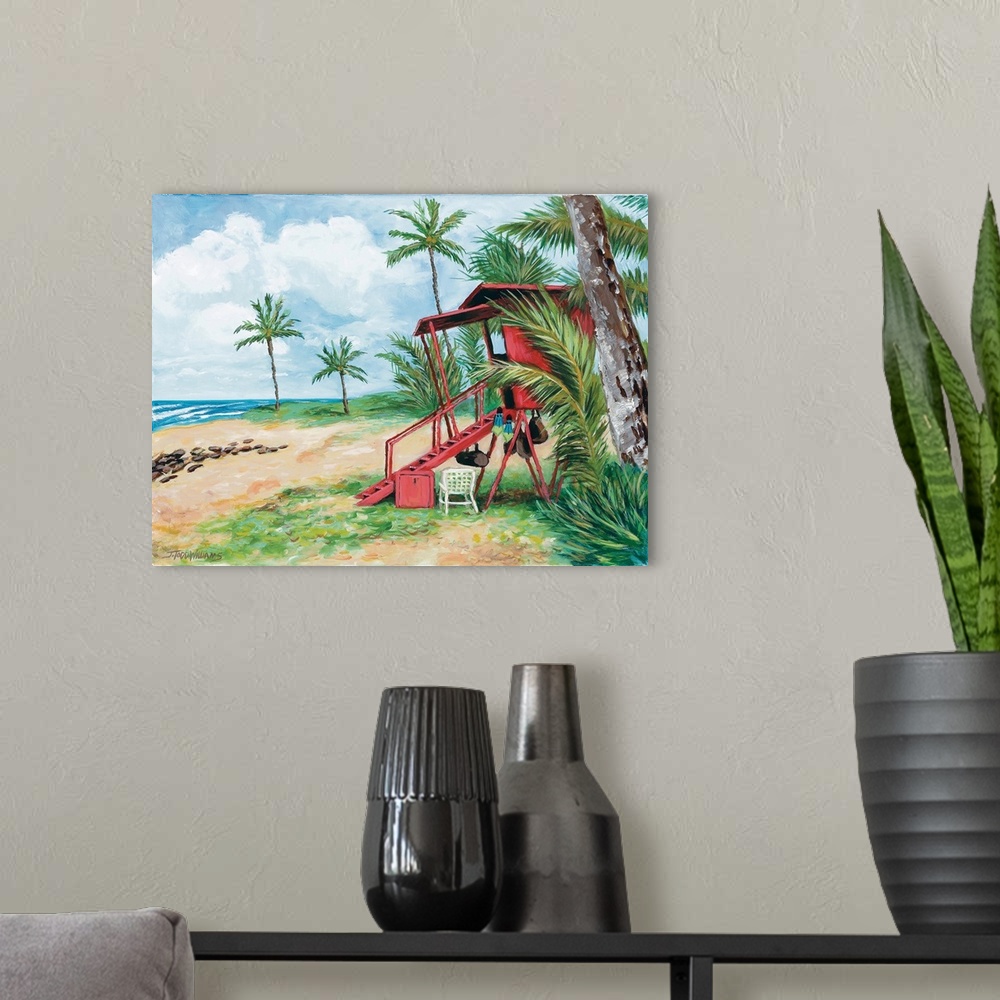 A modern room featuring Contemporary painting of a little red shack on the beach surrounded by palm trees.