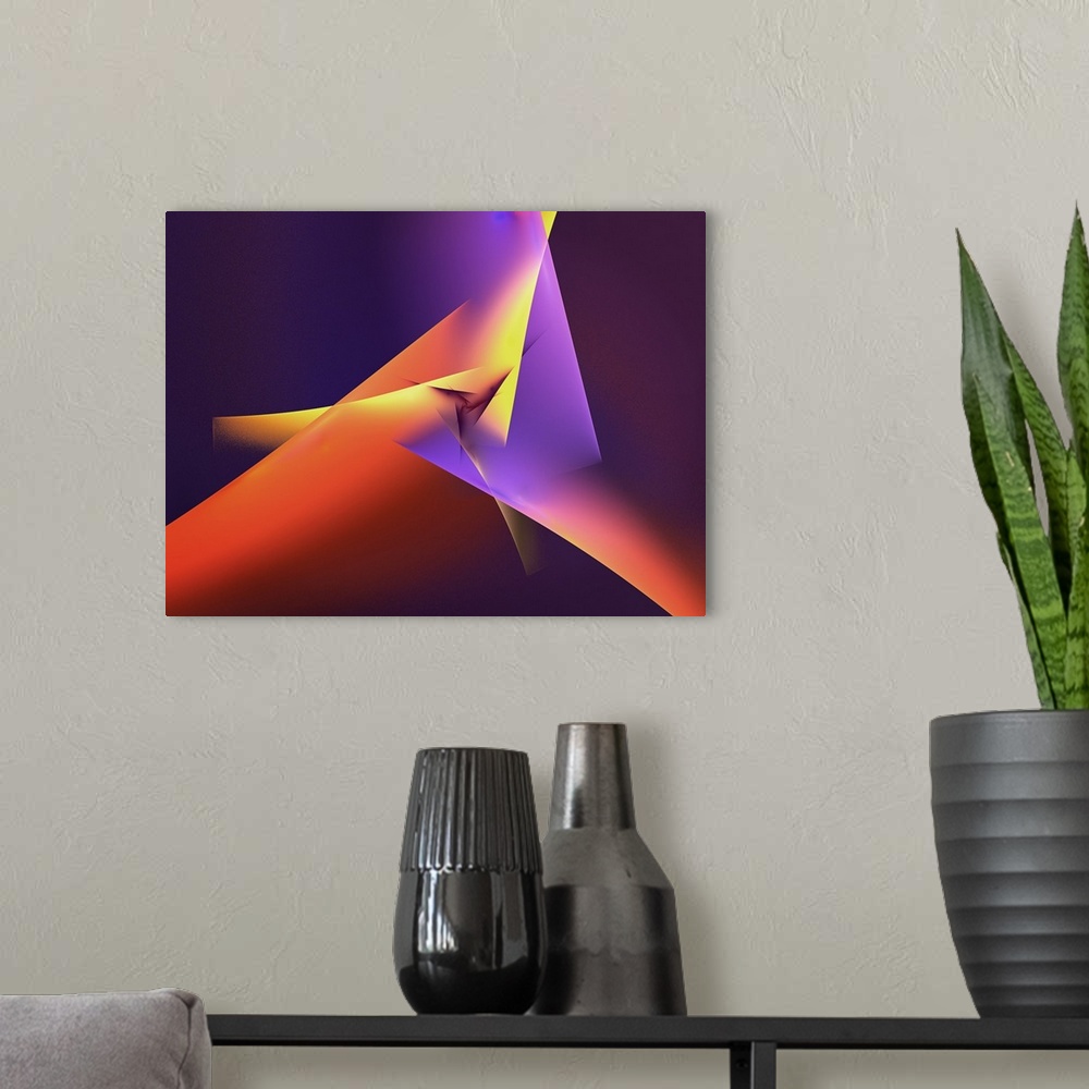 A modern room featuring Digital abstract artwork in purple and yellow shades.