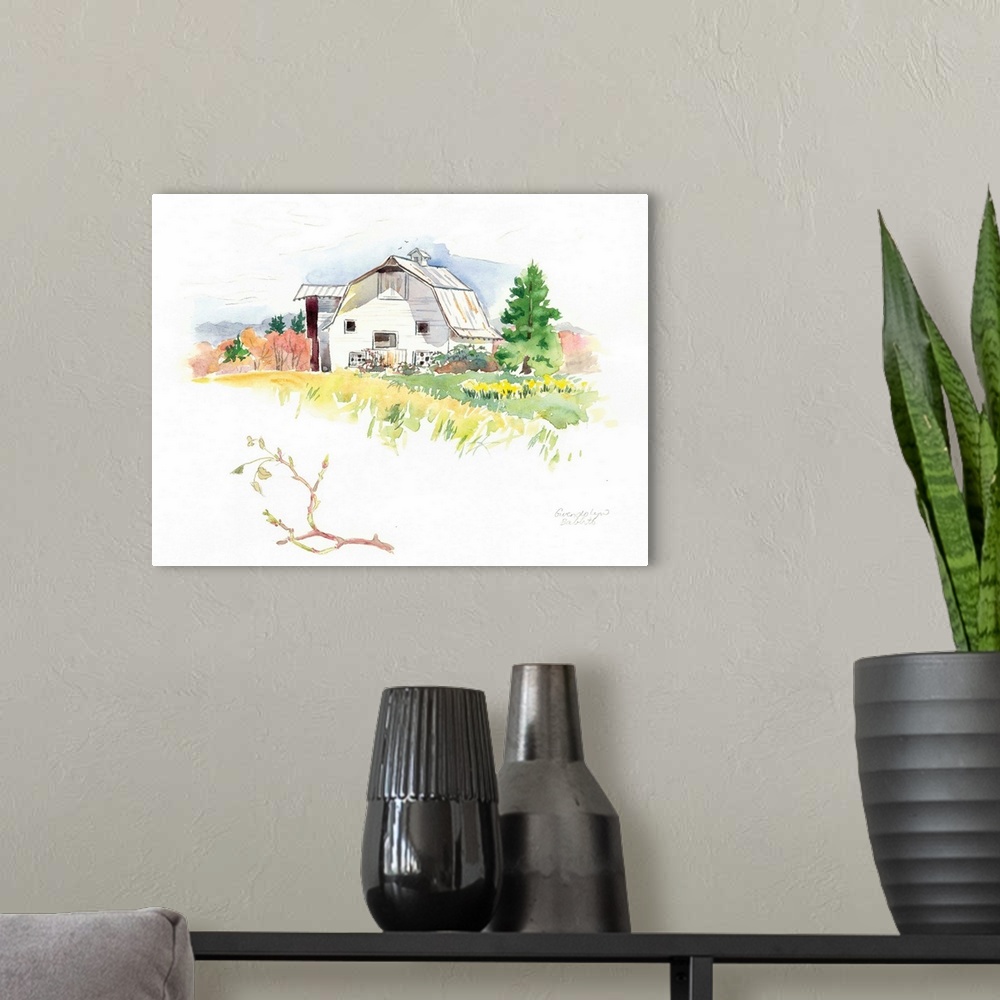 A modern room featuring Watercolor landscape painting of a white barn with beautiful scenery.