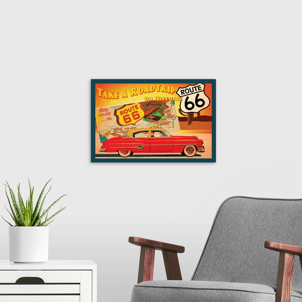 A modern room featuring Vintage illustrated poster advertising a road trip on Route 66.