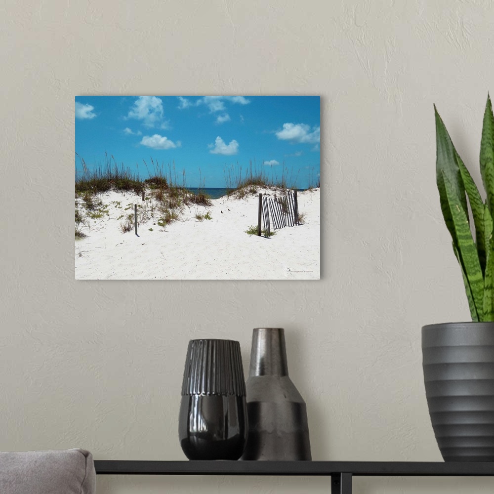 A modern room featuring Landscape photograph of sand dunes with the ocean in the background and blue skies.