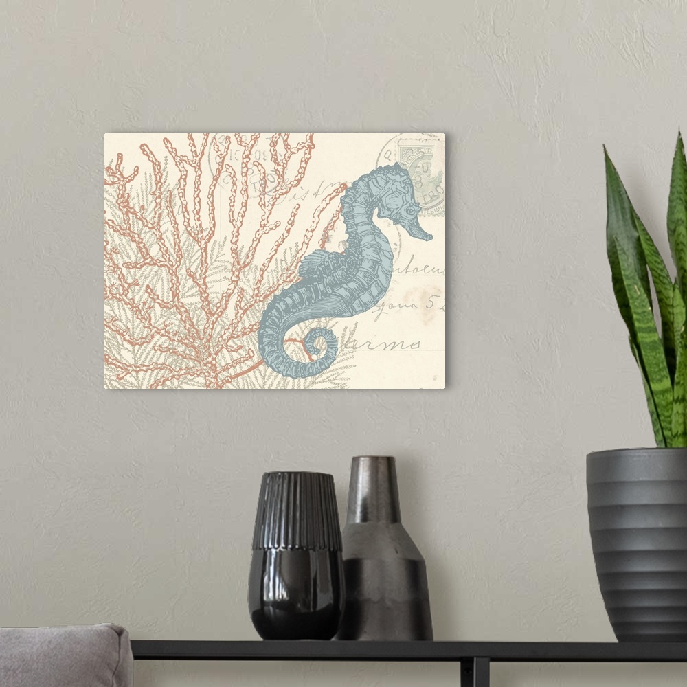 A modern room featuring Beach themed illustration of a blue seahorse and coral on a cream colored postcard with handwriting.